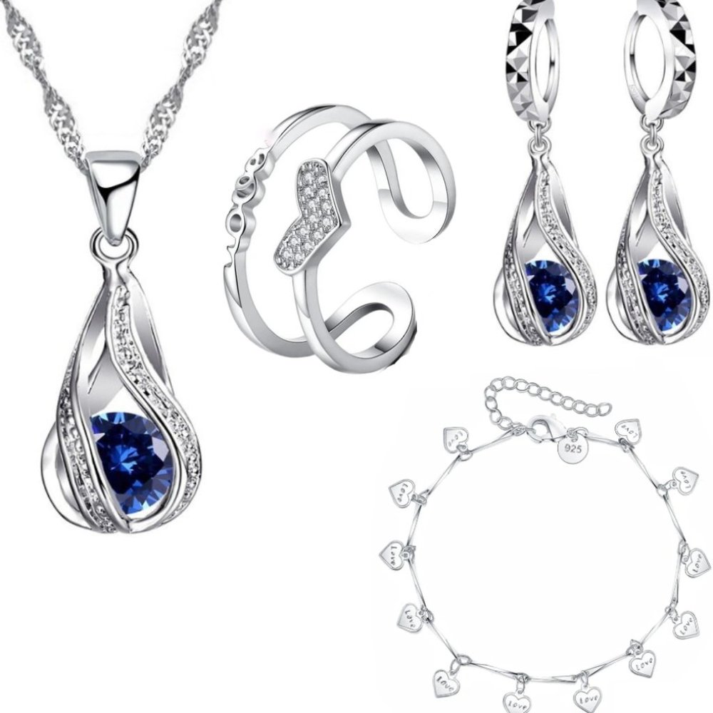 💎 925 Sterling Silver Bundle Necklace Earrings Bracelet And Ring Adjustable
